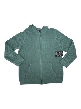 Roamans Sweater Women's L Plus Green Waffle Knit Zip Hoodie Jacket Minimalist
